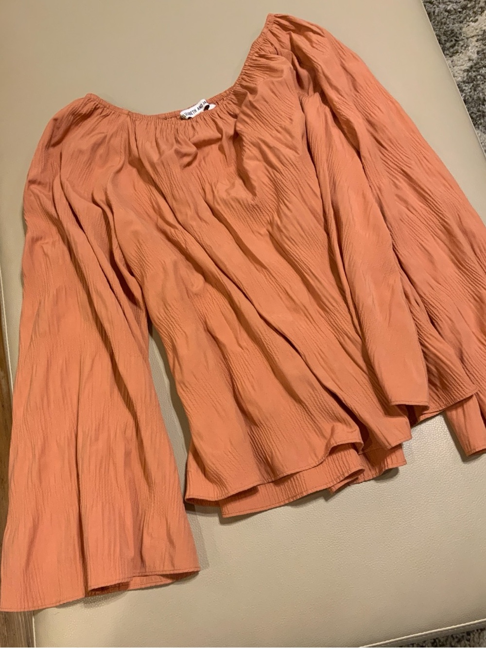 Elizabeth and James Peachy Orange Off-Shoulder Bell Sleeve Blouse